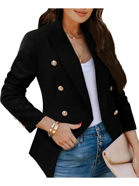 Jackets & Blazers - Chic Double Breasted Blazer with Gold Buttons | Women's Business Casual Jacket